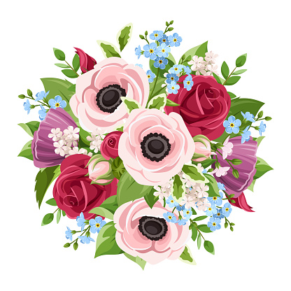 Bouquet of pink, red, purple and blue flowers. Vector illustration.