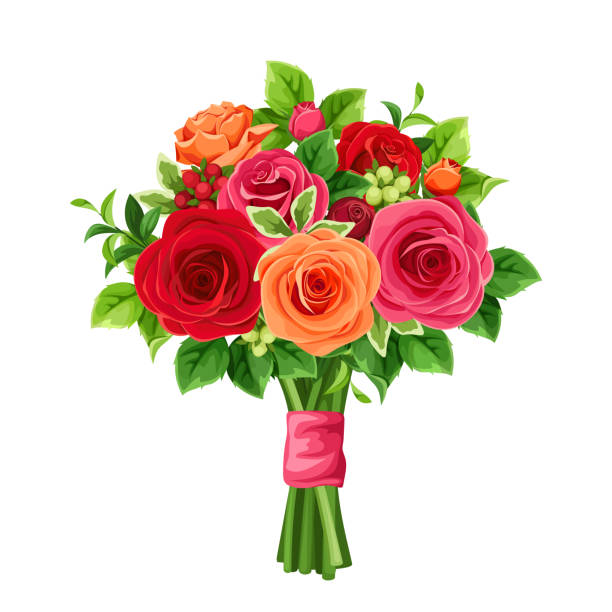 Bouquet of red and orange roses. Vector illustration. Vector bouquet of red and orange roses and green leaves. bouquet stock illustrations