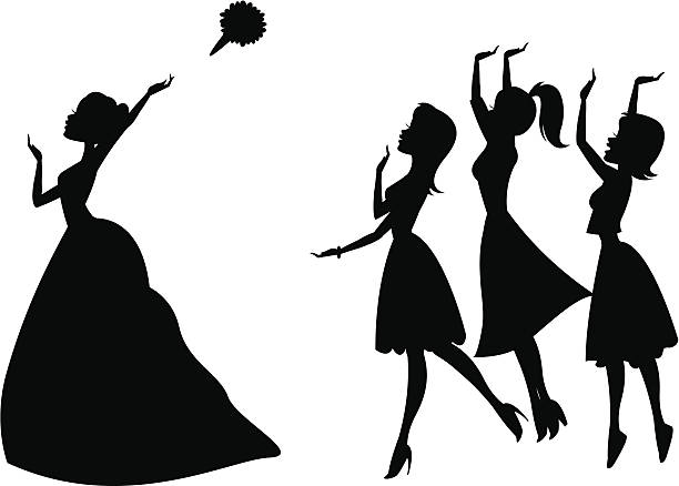 Bouquet Toss The silhouette of a bride tossing her bouquet and three other girls jumping for it. wedding silhouettes stock illustrations