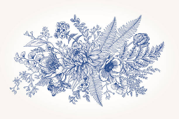 Bouquet with a garden with flowers. Bouquet with a vintage garden with flowers and leaves. Vector botanical illustration. Chrysanthemum, tulip, peony, anemone, phlox, ferns, boxwood. Design elements. Blue flowers. floral pattern illustrations stock illustrations