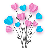 istock Bouquet with branch and pink and blue hearts. 1196065804