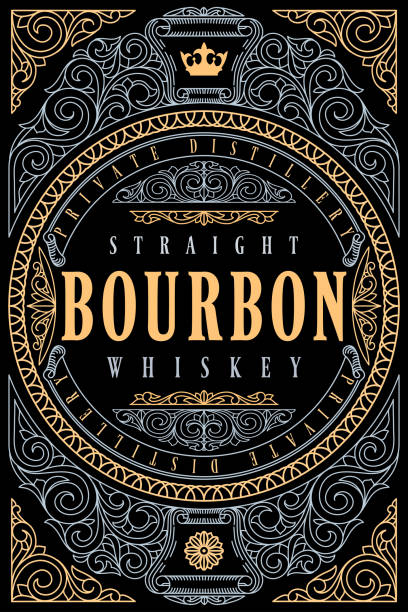 wiski bourbon - label dekoratif vintage hias - horizontal komposisi ilustrasi stok