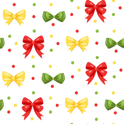 Bow tie pattern. Seamless cartoon colorful dress accessory, bent ribbon bow for birthday present. Vector texture