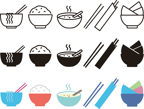Bowl, rice, chopsticks and noodle