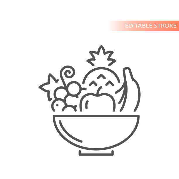 Bowl with fruits outline vector icon vector art illustration