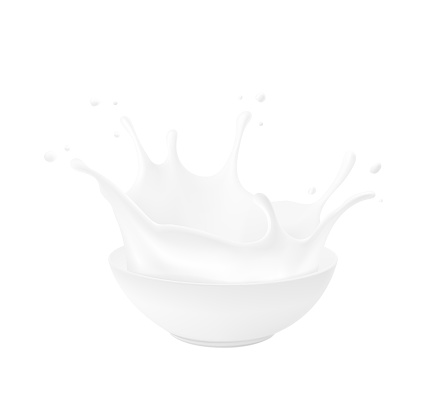 Bowl with milk splashes and drops isolated on white background.
