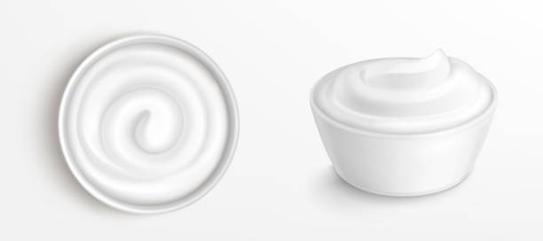 Bowl with sauce, cream top and front view clip art Bowl with sauce, cream. mayonnaise or yogurt top and front view. White porcelain cup with fresh dairy product, creamy cheese, sour or sweet mousse with swirl isolated realistic 3d vector clip art bowl of ice cream stock illustrations