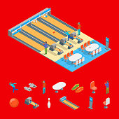 Bowling Alley Throwing Strike and Elements 3D Isometric View Sport Game or Leisure Hobby Concept. Vector illustration of Competition Tournament