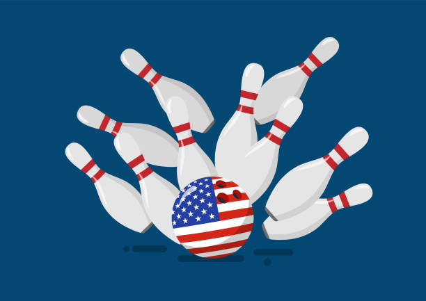 Bowling ball with the United State flag breaks bowling pins Bowling ball with the United State flag breaks bowling pins. Financial crisis vector illustration rich strike stock illustrations