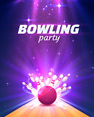 Bowling party club poster with the bright background. Vector illustration