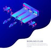 Bowling club vector 3d isometric illustration. People playing bowling. Sport competition and leisure activity concept. Trendy gradient colors web banner or poster background.