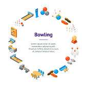 Bowling Game Banner Card Circle Isometric View Include of Ball, Strike, Skittle and Shoe. Vector illustration