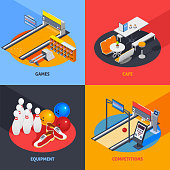Bowling colorful isometric compositions including game equipment with return system, cafe, sports gear, competitions isolated vector illustration