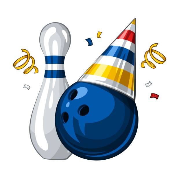 ilustrações de stock, clip art, desenhos animados e ícones de bowling skittle and bowling ball in brilliant party hat for holiday. happy birthday 1.1 - balo~es festa