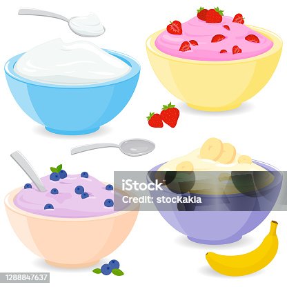 istock Bowls with fruit yogurt or cream. Vector illustration 1288847637