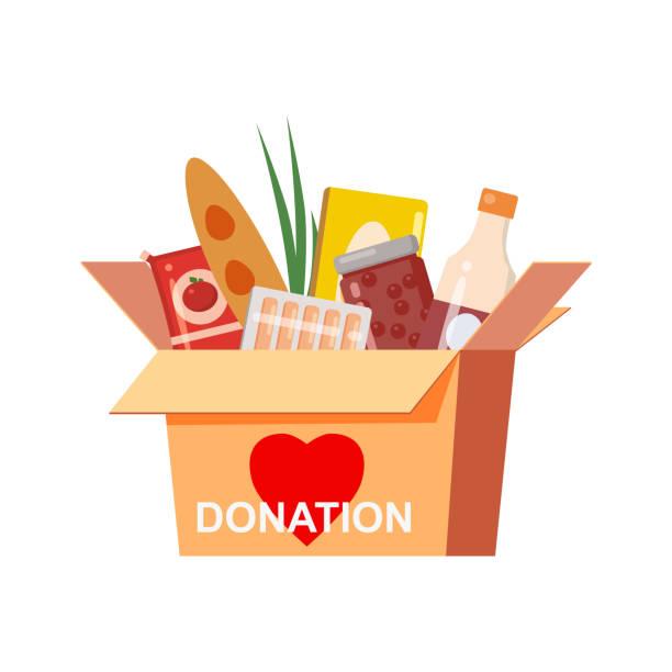Box donation with food charity. Canned, bread, drinks. With text banner donate. Cartoon vector illustration isolated on white background Box donation with food charity. Canned, bread, drinks. With text banner donate food donation stock illustrations