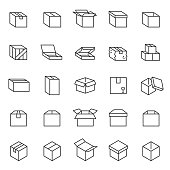 Box, icon set. Cardboard packaging boxes, linear icons. Line with editable stroke