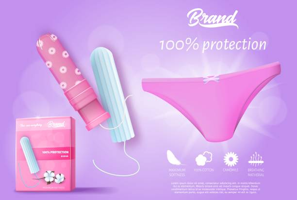 stockillustraties, clipart, cartoons en iconen met doosje hygiënische tampons roze vrouwelijke onderbroeken. - tampons