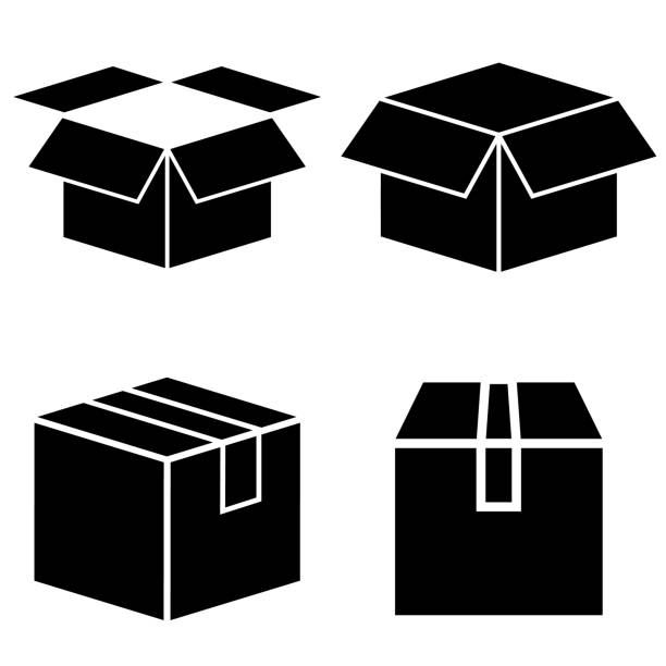 ilustrações de stock, clip art, desenhos animados e ícones de box set icon, logo isolated on white background. cardboard box in the open and closed form - box