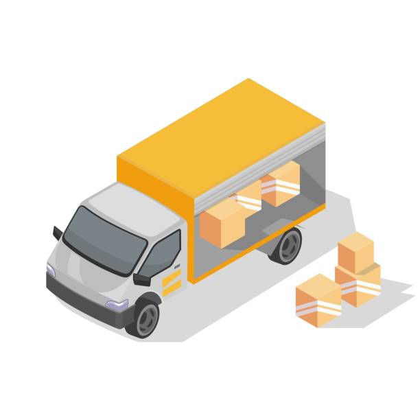 Box truck with yellow body is ready to delivering parcels. Van with goods in cardboard package Box truck with yellow body is ready to delivering parcels. Van with goods in cardboard package. Logistic, transportation, freight insurance concept. Vector isometric illustration isolated on white. safe move stock illustrations