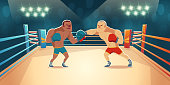 Boxers fighting on ring, opponents in blue and red shorts and gloves fight on arena with spotlights and ropes. Wrestling presentation match, competition. Dangerous sport. Cartoon vector illustration