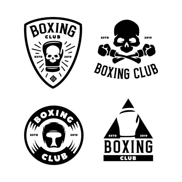 Boxing club labels set. Vector vintage illustration. Boxing club labels emblems badges set. Boxing related design elements for prints, logos, posters. Vector vintage illustration. skull logo stock illustrations