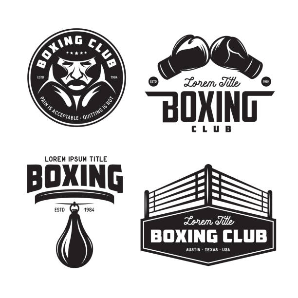 Boxing club labels set. Vector vintage illustration. Boxing club labels emblems badges set. Boxing related design elements for prints, icons, posters. Vector vintage illustration. boxing gloves stock illustrations