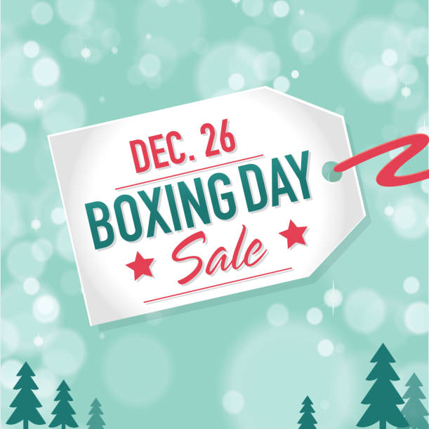 Boxing Day Sale advertisement with label and bokeh background template. Royalty free Vector illustration of a  Boxing day event icon tag with sample text design. Star on face of Boxing Day sale event  price tag. Teal green bokeh background. Fully editable and  easy to edit vector illustration layers. Includes sample text design and shadow below.