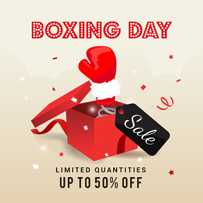 Boxing day Sale vector illustration, Boxing glove coming out of red box with price tag