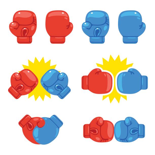 Boxing gloves set Cartoon red and blue boxing gloves set. Match opponents icons. Isolated vector illustration. boxing glove stock illustrations