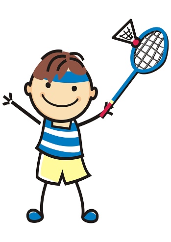 boy and badminton, single player with racket, funny vector illustration