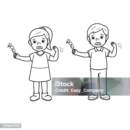 istock Boy and girl eating hot chilly pepper. For human emotion or face expression concepts. Only black and white for the coloring page.Used to compose teaching materials in a set that expresses emotions. 1296617031