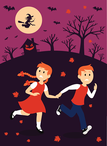 Boy and Girl Escape From A Witch House Clipart
