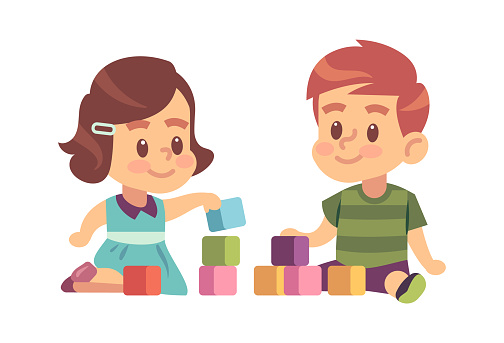 Boy and girl play cubes. Friendly children building from blocks on floor, vector kids characters education concept