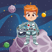 Boy astronaut in the space vector illustration graphic design