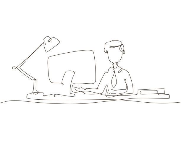Boy at the computer - one line design style illustration on white...