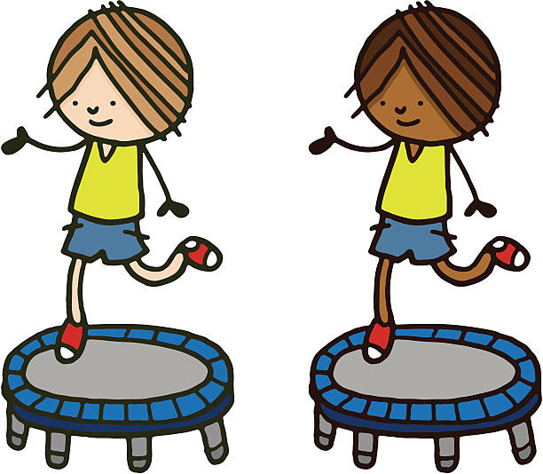 Boy bouncing on a small trampoline  clip art of kid jumping on trampoline stock illustrations
