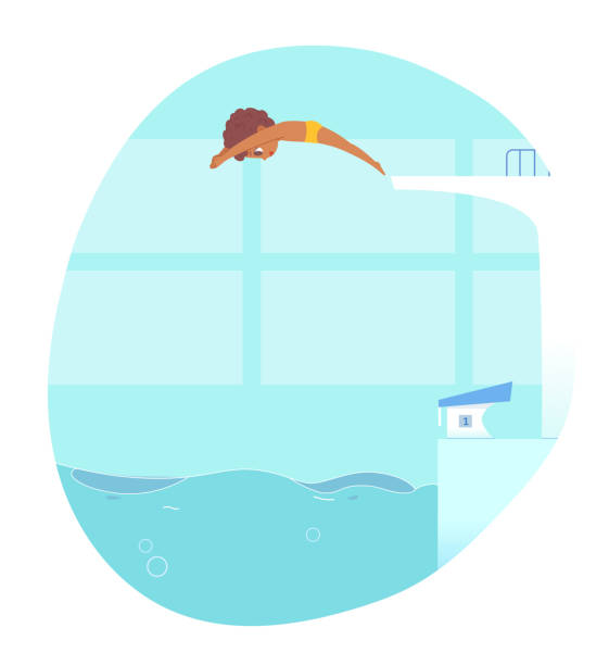 Boy diving into water fron tower in swimming pool. Child jumping into blue waves vector illustration. Swimmer exercising in class. Little happy kid swimming in swimwear Boy diving into water fron tower in swimming pool. Child jumping into blue waves vector illustration. Swimmer exercising in class. Little happy kid swimming in swimwear. clip art of kid jumping on trampoline stock illustrations