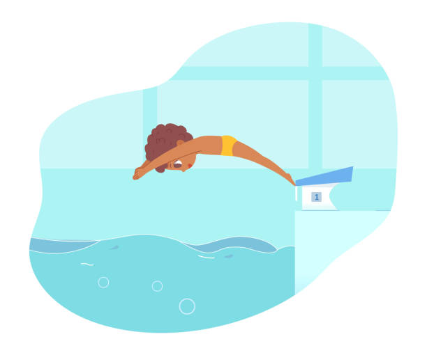 Boy diving into water in swimming pool. Child jumping into blue waves vector illustration. Swimmer exercising in class. Little happy kid swimming in swimwear Boy diving into water in swimming pool. Child jumping into blue waves vector illustration. Swimmer exercising in class. Little happy kid swimming in swimwear. clip art of kid jumping on trampoline stock illustrations