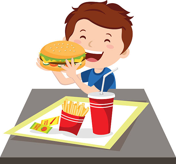 illustrations, cliparts, dessins animés et icônes de petit garçon manger fast-food - eating burger