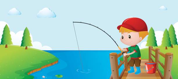 bildbanksillustrationer, clip art samt tecknat material och ikoner med pojke fiske på bron - bridge sight