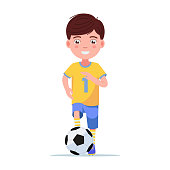 Boy football player in sportswear runs with the ball. Young child playing with a soccer ball. Vector illustration isolated on white, front view flat style.