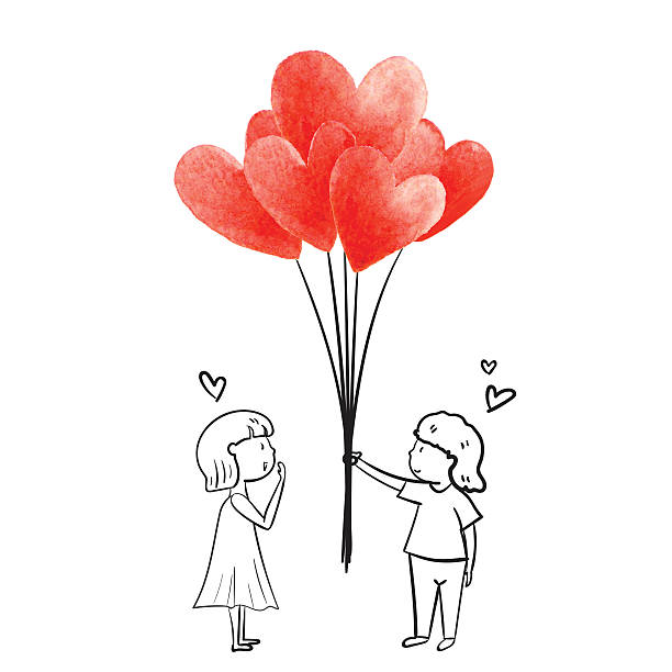 Boy give heart balloon to girl friend couple love watercolor Boy give heart balloon watercolor with girl friend love you all day ,couple smile surprise with gift special of love design wedding card illustration isolated thank you kids stock illustrations