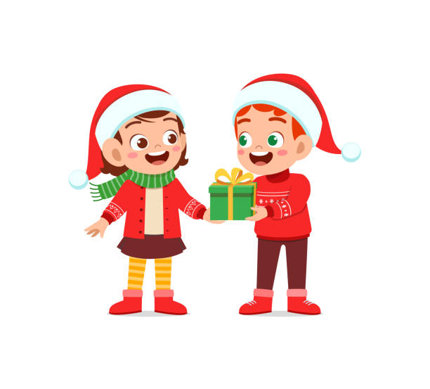 stockillustraties, clipart, cartoons en iconen met boy give present to girl for christmas - unbox