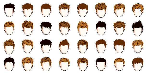 Boy hairstyles heads vector illustrations set isolated on white background, early teen kid boy attractive beautiful haircuts collection, different hair color. vector art illustration