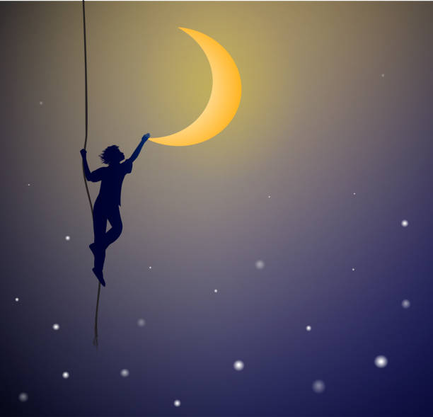 stockillustraties, clipart, cartoons en iconen met jongen dromen opknoping op het touw en aanraken van de maan, op de hemel, - etherisch