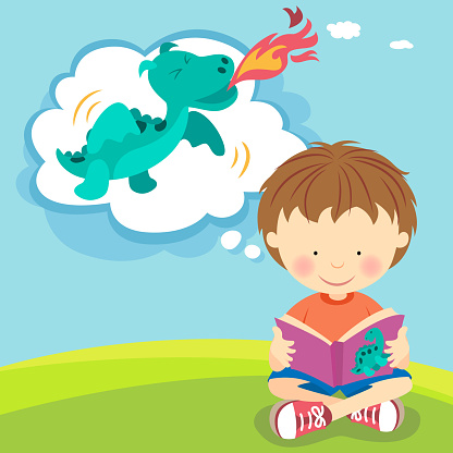 Boy imagining fire breathing dragon from book