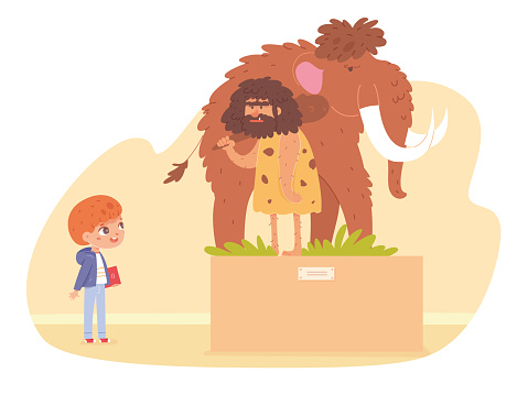 Boy in ancient history museum. Kid looking at mammoth and stickman in Stone Age exposition at exhibition vector illustration. School excursion scene, child on field trip