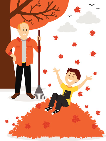 Boy Jumping in a Leaf Pile Clipart