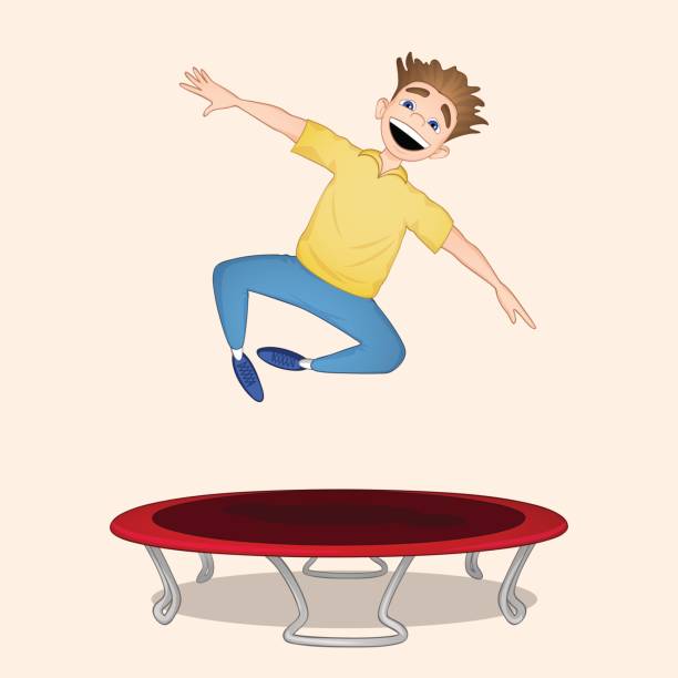 Boy jumping on trampoline Young boy in yellow shirt and blue pants jumping on red trampoline clip art of kid jumping on trampoline stock illustrations